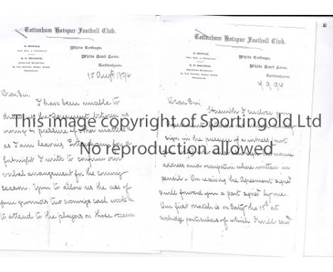 TOTTENHAM HOTSPUR     Copies of ephemera from the late 1800's / early 1900's. An 1894/5 pass, 4 official letters on headed pa