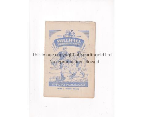 ARSENAL   Programme for the away Friendly v Millwall 5/5/1951, slight horizontal creases.    Generally good