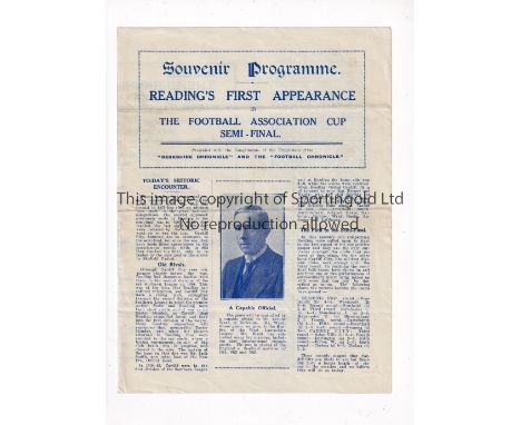 1927 FA CUP SEMI-FINAL / READING V CARDIFF CITY      Souvenir programme issued by the Reading Newspaper Company for Reading's