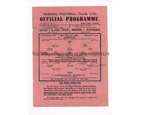 ARSENAL V TOTTENHAM HOTSPUR   Single sheet programme for the Football League South match 13/2/1943 folded, slightly worn and 