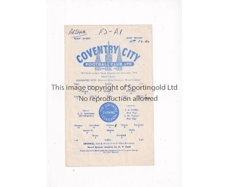 ARSENAL     Single sheet programme for the away Football Combination match v Coventry City 2/9/1950, slightly creased, scores