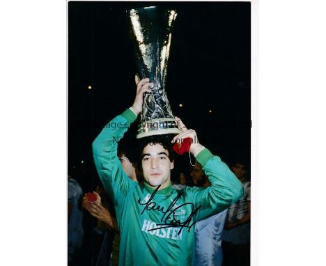 TONY PARKS    Autographed 12 x 8 colour photo showing the Tottenham goalkeeper celebrating with the UEFA Cup following a pena