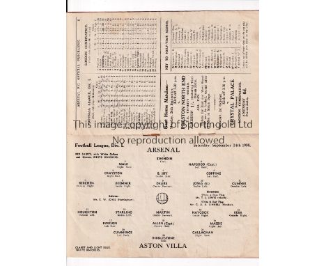 ARSENAL    Home programme for the League match v Aston Villa 24/9/1938.    Generally good