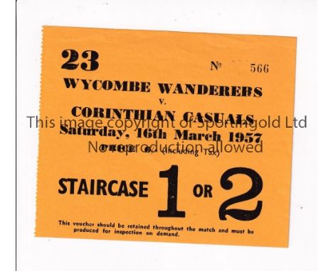 NEUTRAL AT ARSENAL / 1957 AMATEUR CUP SEMI-FINAL       Ticket for Wycombe Wanderers v Corinthian Casuals 16/3/1957 played at 