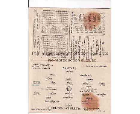 ARSENAL    Home programme for the League match v Charlton Athletic 2/4/1938, brown stain throughout and team changes.    Fair