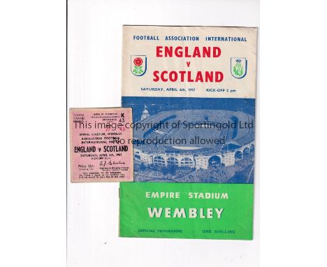 DUNCAN EDWARDS     Programme, very slightly creased and ticket for England v Scotland at Wembley 6/4/1957 in which Edwards pl