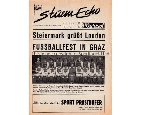 ARSENAL     Programme for the away Fairs Cup tie v Sturm Graz 21/10/1970 in their Double season.    Generally good
