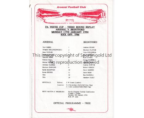 ARSENAL     Thirteen home programmes for Youth Cup matches, 12 single sheets v  Brentford and Stoke 93/4, Exeter City 97/8, W