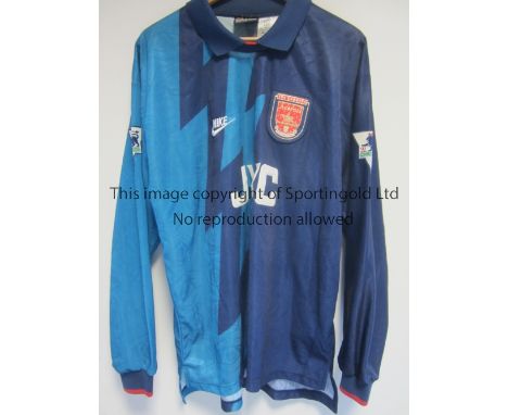 JOHN JENSEN ARSENAL PLAYER ISSUE SHIRT      A dark blue and light blue long sleeve away Nike shirt for season 1995/6 with the