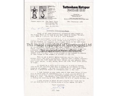 TOTTENHAM HOTSPUR CENTENARY DINNER       Two letters relating to the Dinner, one signed by Bill (Bill Nicholson) plus a 4 pag