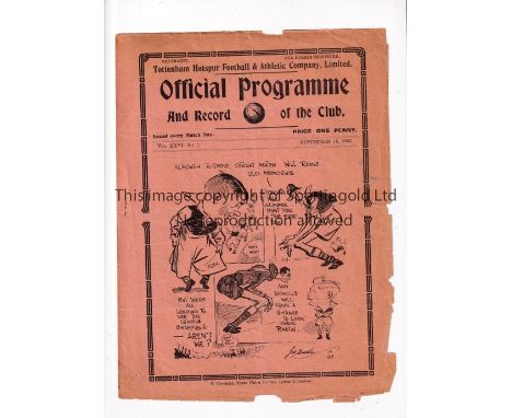 TOTTENHAM HOTSPUR V ARSENAL      Programme for the League match at Tottenham 16/9/1933, frayed around the edges with minor pa