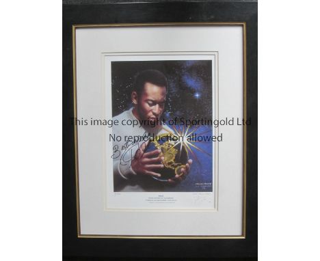 PELE SIGNED PRINT   A 22" X 18" framed and glazed handsigned limited edition print of Pele holding a globe, number 8 of 350. 