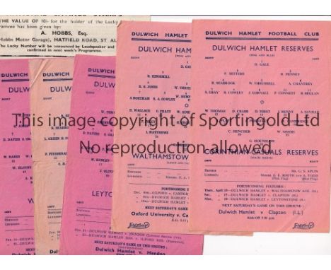 SIX DULWICH HAMLET PROGRAMMES 1947/8   5 single sheet reserves homes v Corinthian Casuals, Walthamstow, Woking, Ilford worn a