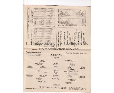 ARSENAL    Home programme for the League match v Preston North End 11/12/1937.    Good