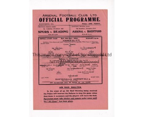 ARSENAL V TOTTENHAM HOTSPUR   Single sheet programme for the Football League South match 9/12/1944 slightly creased and  team