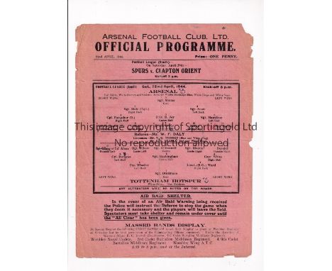 ARSENAL V TOTTENHAM HOTSPUR   Single sheet programme for the Football League South match 22/4/1944 slightly creased and sligh