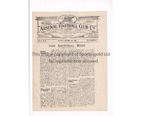 ARSENAL    Programme for the home League match v Tottenham Hotspur 30/9/1922.    Good