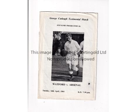 ARSENAL     Programme for the away Testimonial v Watford 14/4/1964, slightly creased and very slightly marked.    Generally g