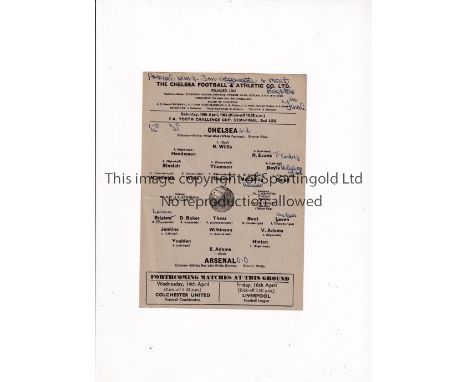 CHELSEA V ARSENAL 1965 YOUTH CUP SEMI-FINAL     Single card programme for the 2nd Leg at Chelsea 10/4/1965, horizontal crease