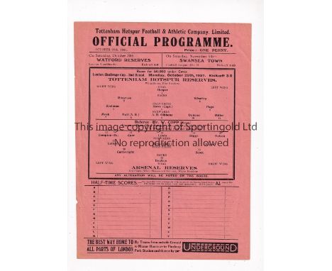 TOTTENHAM HOTSPUR V ARSENAL     Single sheet programme for the London Challenge Cup match at Tottenham 25/10/1937.    General