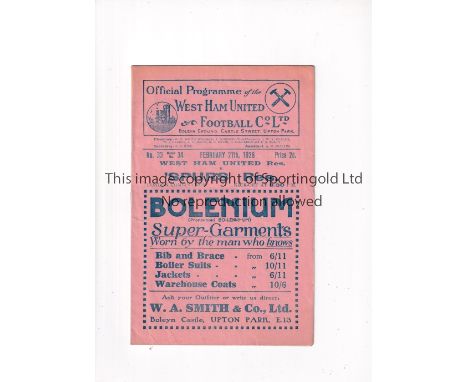 WEST HAM UNITED V TOTTENHAM HOTSPUR 1926   Programme for the London Combination Reserve team match at West Ham 27/2/1926, sli
