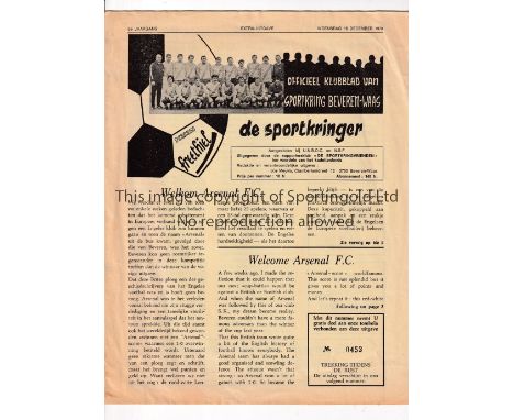ARSENAL     Programme for the away Fairs Cup tie v Beveren 16/12/1970 in their Double season.    Generally good