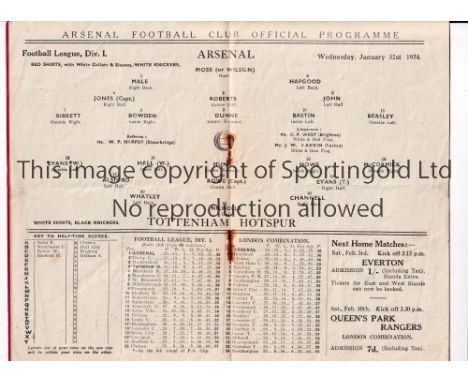 ARSENAL V TOTTENHAM HOTSPUR     Programme for the League match at Arsenal 31/1/1934, slight horizontal crease.    Generally g