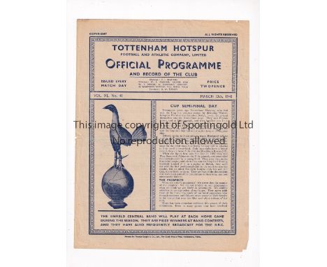 TOTTENHAM HOTSPUR V ARSENAL     Programme for the "A" team Friendly at Tottenham 13/3/1948 slightly creased.   Fair to genera