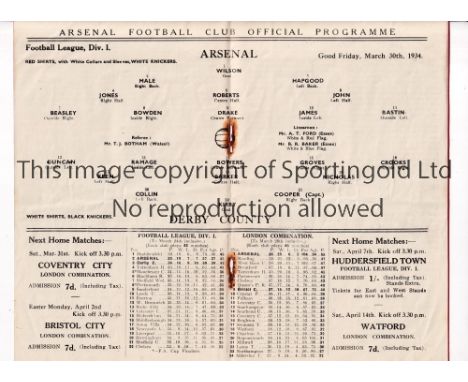 ARSENAL    Home programme for the League match v Derby County 30/3/1934, staples rusted away and very slightly creased.     G