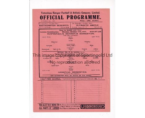 TOTTENHAM HOTSPUR V ARSENAL 1937     Single sheet programme for the London Combination match at Tottenham 11/10/1937.    Good