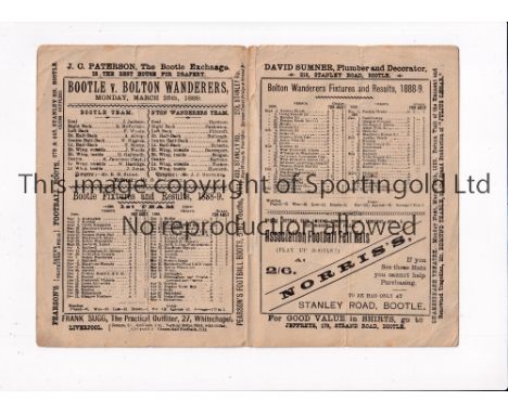 BOOTLE V BOLTON WANDERERS 1889      Single card programme for the match at Bootle 25/3/1889 in Bolton Wanderer's first League