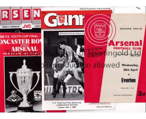 ARSENAL / FA YOUTH CUP FINALS      Twelve programmes. Both legs for 1965 v Everton, home has team changes and away is heavily