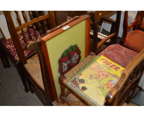 A small string topped stool; two annuals and a South Lancashire Prince of Wales Regiment picture