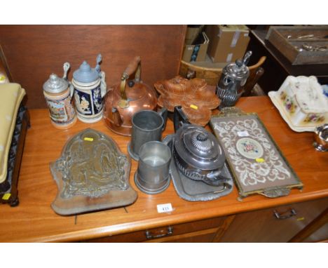 Two pewter tankards; a silver plated teapot; a copper kettle; a religious plaque etc