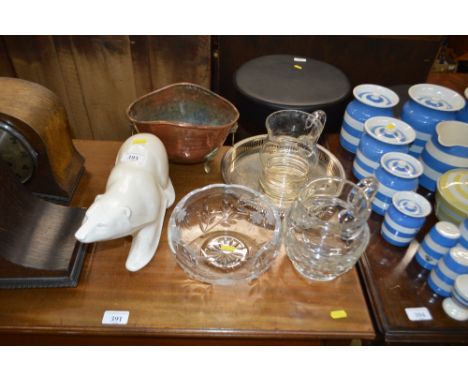 A Spode ornament in the form of a polar bear  AF; together with a silver plated tray; two glass jugs and bowl etc.