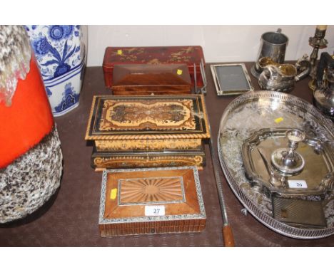 A 19th century mahogany tea caddy; together with an oriental red lacquered glove box; an eastern sandal wood trinket box; and