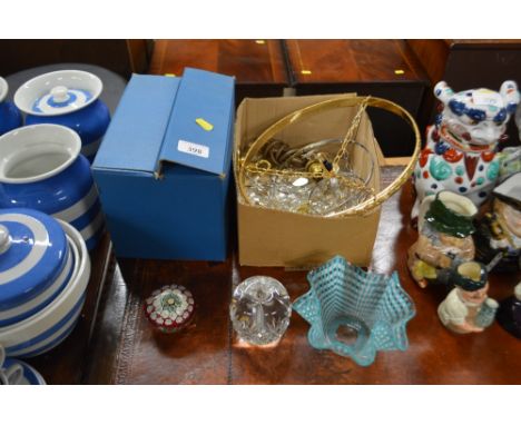 A box containing a brass and glass light fitting; two paperweights; an Art Glass handkerchief vase and a boxed set of drinkin