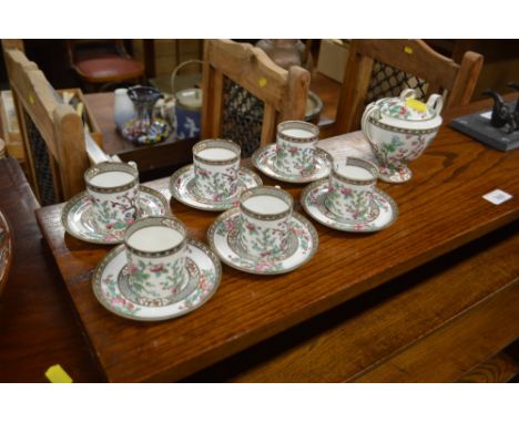 A set of six Aynsley "Indian Tree" patterned  coffee cans and saucers and matching sugar bowl