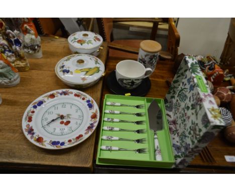 Three items of Royal Worcester "Evesham" patterned china to include a wall clock and two tureens; three items of Portmeirion 