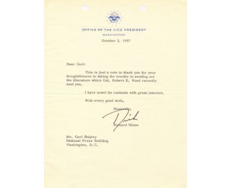 NIXON RICHARD: (1913-1994) American President 1969-74. T.L.S., R Nixon, one page, 4to, Washington, 2nd October 1957, to Mr. C