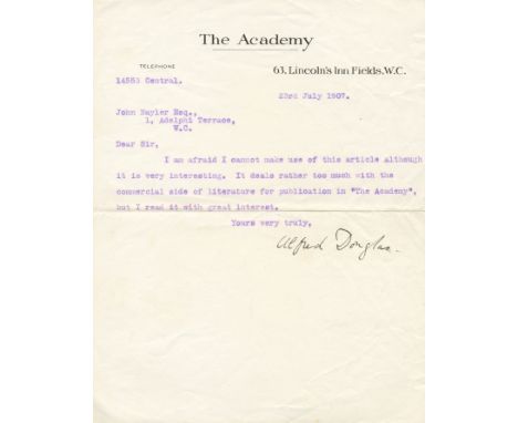 DOUGLAS ALFRED: (1870-1945) English Author &amp; Poet, the intimate friend and lover of Oscar Wilde. T.L.S., Alfred Douglas, 