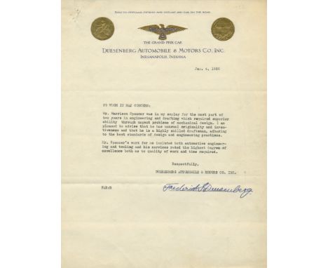 DUESENBERG FREDERICK: (1876-1932) German Automobile Designer and Manufacturer. Scarce T.L.S., Frederick Duesenberg, one page,