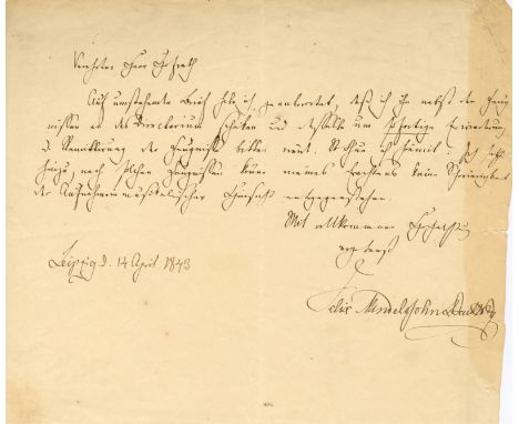 MENDELSSOHN BARTHOLDY FELIX: (1809-1847) German Composer. An excellent A.L.S., `Felix Mendelssohn Bartholdy´, one page, oblon