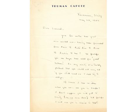 CAPOTE TRUMAN: (1924-1984) American Writer. A.L.S., Truman, 4to, two pages, Taormina, Italy, 28th May 1952, to Leonard [Lyons