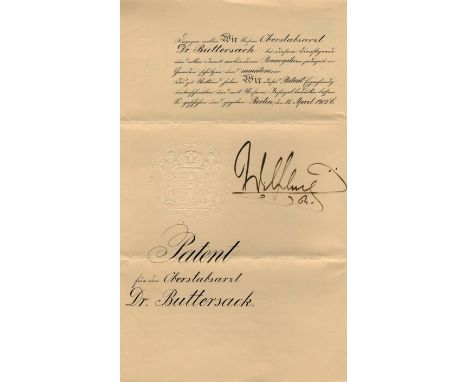 WILHELM II: (1859-1941) German Emperor &amp; King of Prussia 1888-1918. D.S., Wilhelm R[ex], two pages, folio, Berlin, 18th A