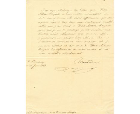 ALEXANDER I: (1777-1825) Emperor of Russia 1801-25. L.S., Alexandre, one page, 4to, Saint Petersburg, 15th June 1824, to Her 
