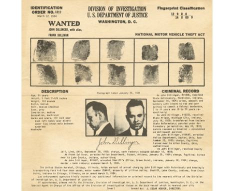 [DILLINGER JOHN]: (1903-1934) American Bank Robber. An original printed 8 x 8 Wanted poster with fingerprint classification i