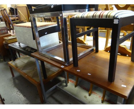 A parcel of mixed furniture including IKEA chairs, modern side table on metal supports, loom baskets and two Long John coffee