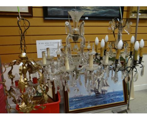 A Venetian-style glass ceiling chandelier &amp; another together with sundry brass effect ceiling chandeliers (7 light fittin