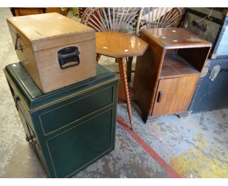 A restored and painted empty gramophone cabinet, a small vintage pine box with compartmented interior and side handles, a pol